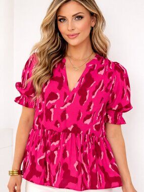 Pink Painterly Animal Print Peplum Blouse Puff Sleeve Boho Top L NWT